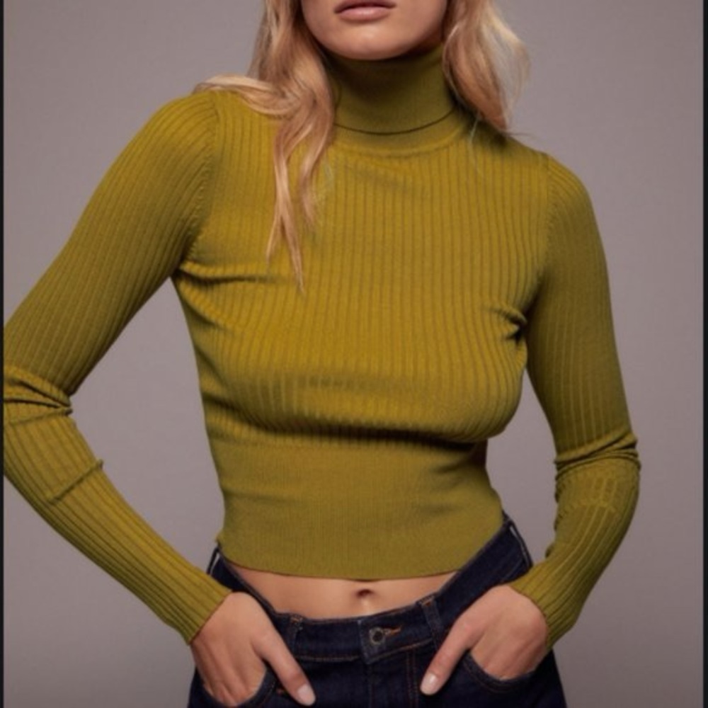Zara Olive Green Ribbed Turtleneck Top